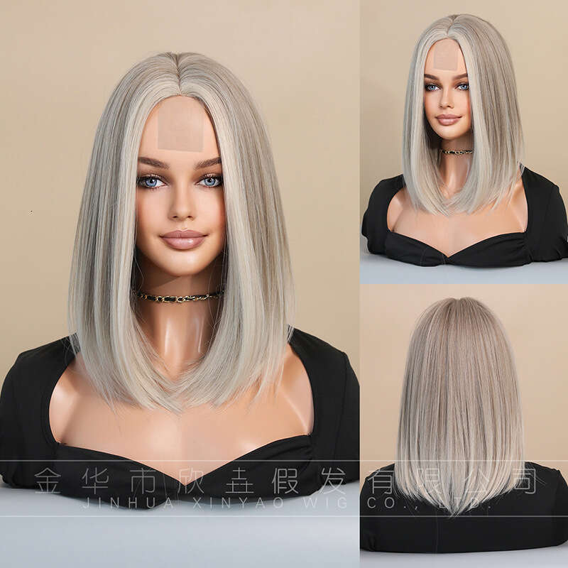 Hand Woven Small Lace Wig, Women's Gold Shoulder Length Straight Hair With Fetal Hair, Bangs Dyed Synthetic Bob Wig Kq9 Kq9