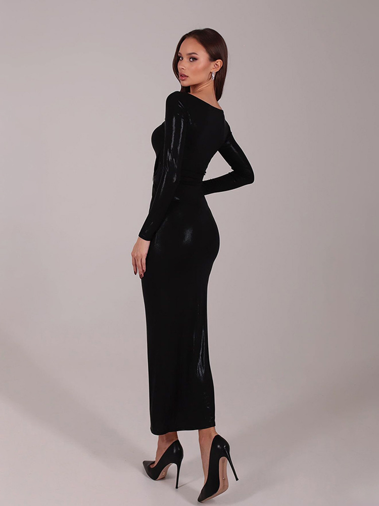 Casual Dresses Sexy Pu Leather Women's Maxi Dresses Solid Hollow Out Sheath Long Sleeves O-Neck Buttons Bodycon Party Vestidos Robes