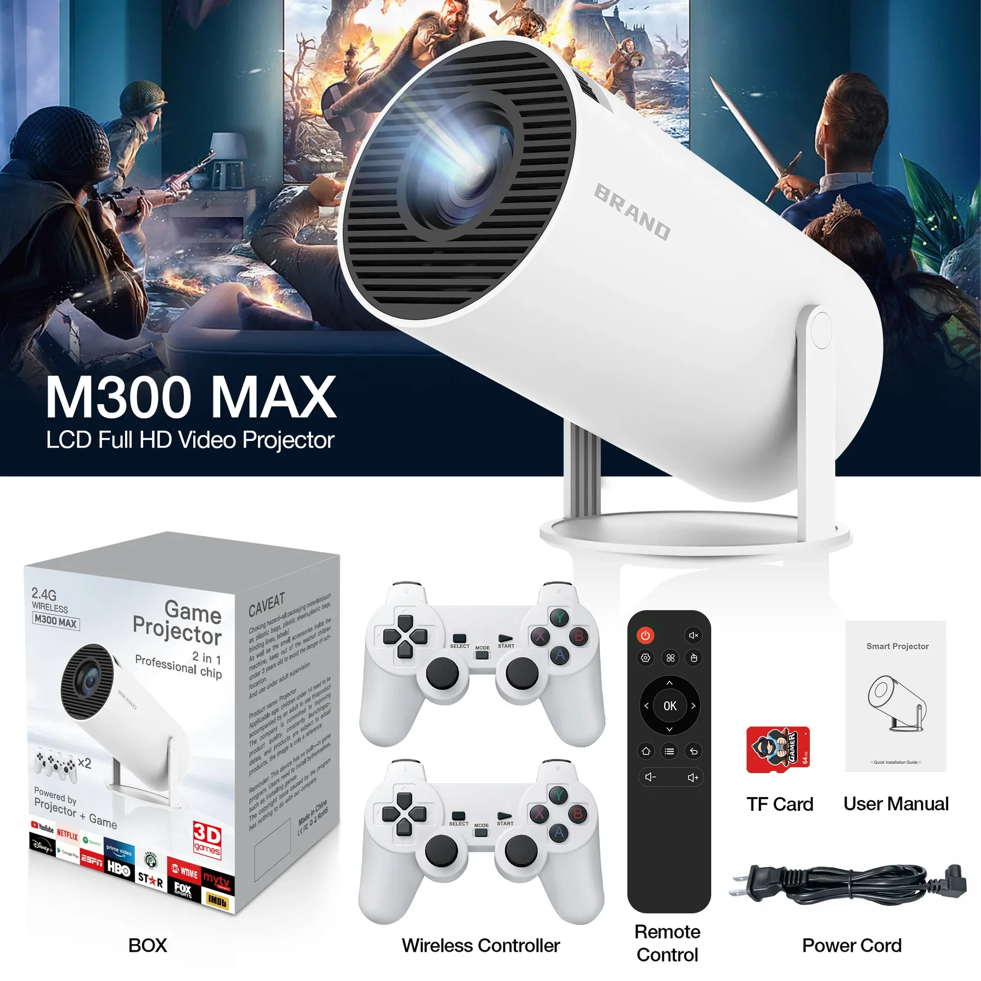 Projectors M300 MAX Retro Game Consoles Android 11 Portable 3D Game Projector with Two Handle RK3326 1080p BT5.4 4K Smart Home Theater S2527