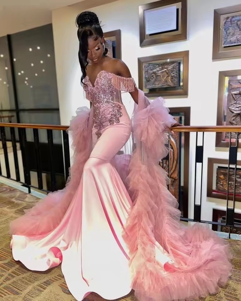 Customized Pink Long Prom For Black Girls 2025 Beaded Crystal Mermaid Birthday Party Dress Evening Gown Cape