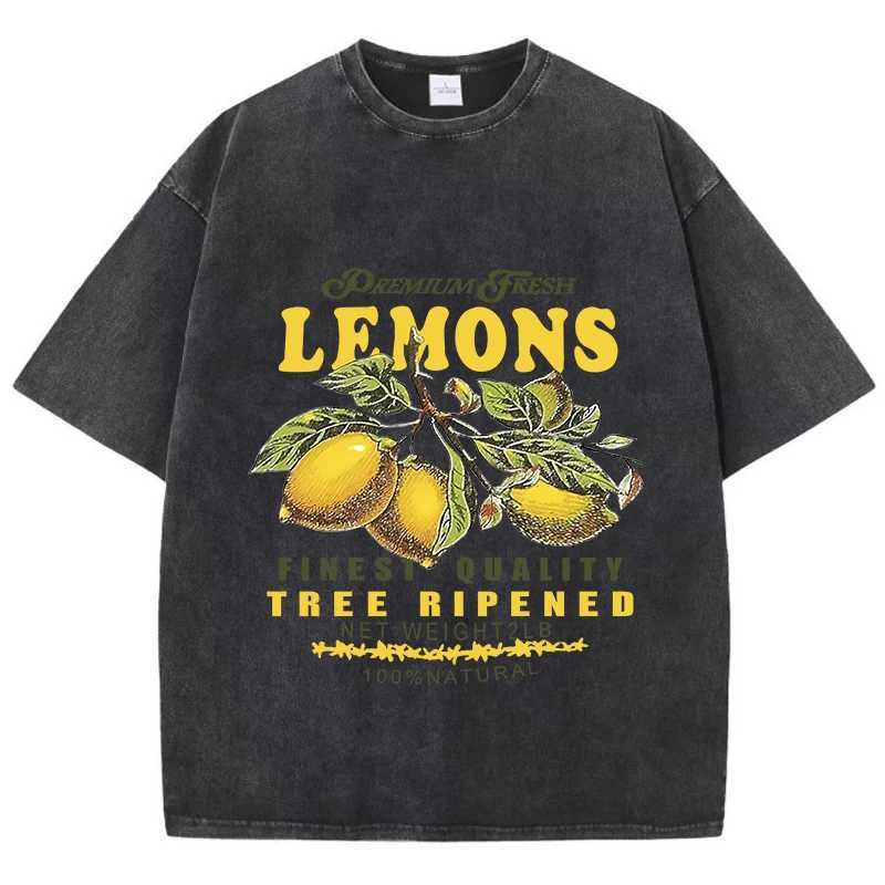Women's T-Shirt Cotton Women Acid Wash T-Shirts Premium Fresh Lemons Printing Ts Distressed Oversize O-Neck Short Slve Casual Female Clothes Y241