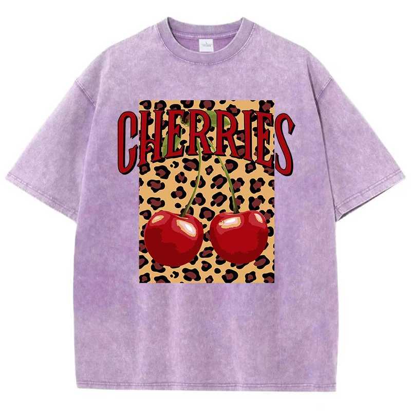 Women's T-Shirt Casual Womans Acid Wash T-Shirts Fashion Leopard And Cherry Prints Tops Distressed Crewneck Oversize Cotton Ts Trend Clothes Y241