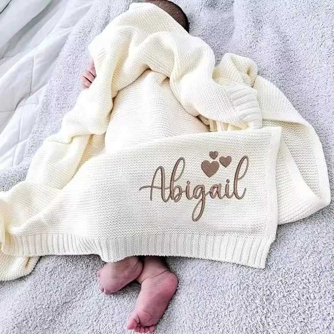 Personalized Kid Name Baby Blanket Embroidered New Born Baby Blanket Stroller Swaddles Breathable Cotton Knitted Blanket BeddingC241216