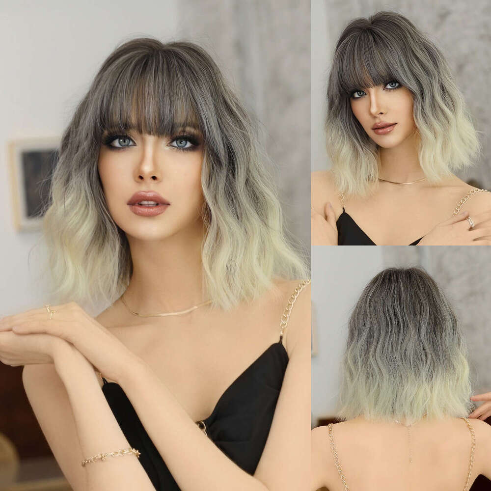 Wig For Women Short Hair, Wavy Curls, Full Head Cover, Sier White, Painted With Japanese And Korean Bangs, Gradient Wig Kq9 Kq9
