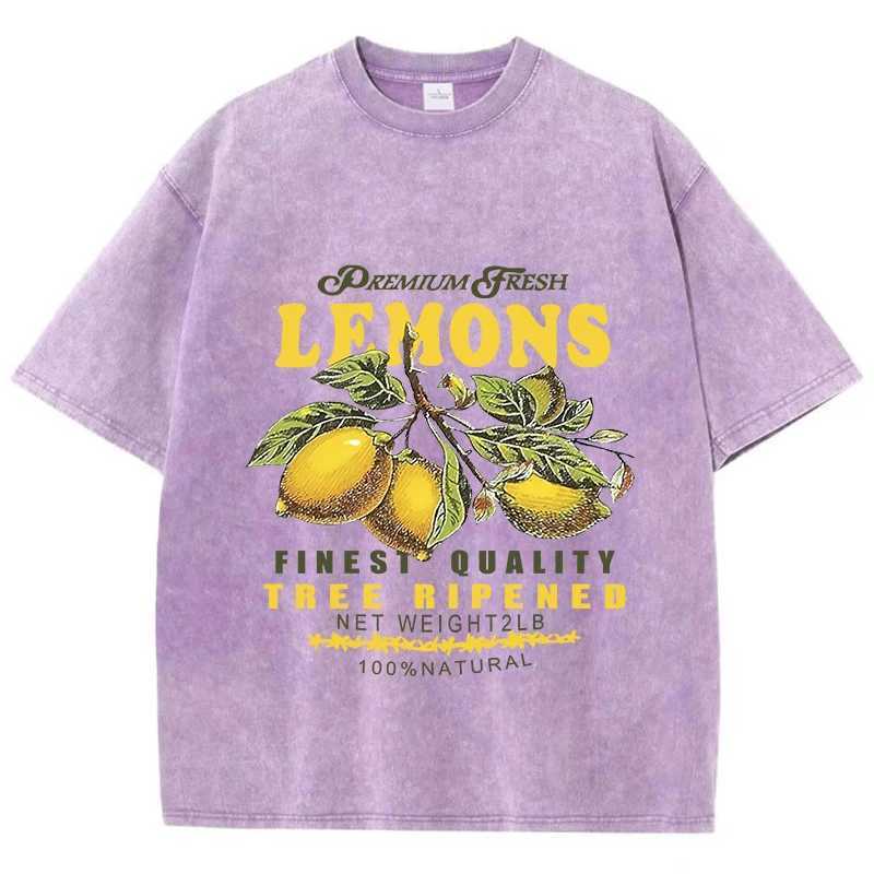 Women's T-Shirt Cotton Women Acid Wash T-Shirts Premium Fresh Lemons Printing Ts Distressed Oversize O-Neck Short Slve Casual Female Clothes Y241