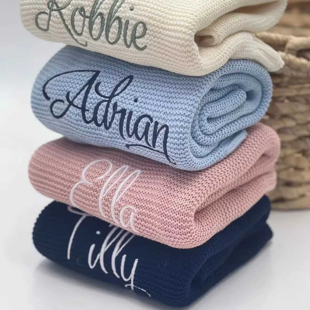 Personalized Kid Name Baby Blanket Embroidered New Born Baby Blanket Stroller Swaddles Breathable Cotton Knitted Blanket BeddingC241216