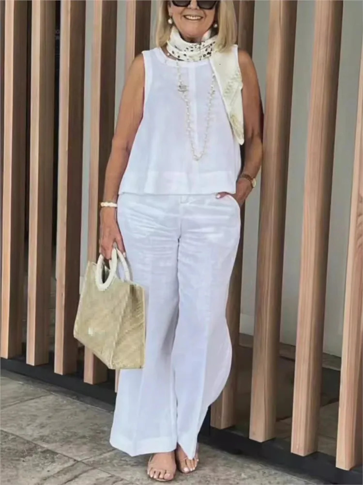 Cotton linen womens summer set fashionable sleeveless loose fitting shirt wide leg pants two-piece set womens casual set 241216
