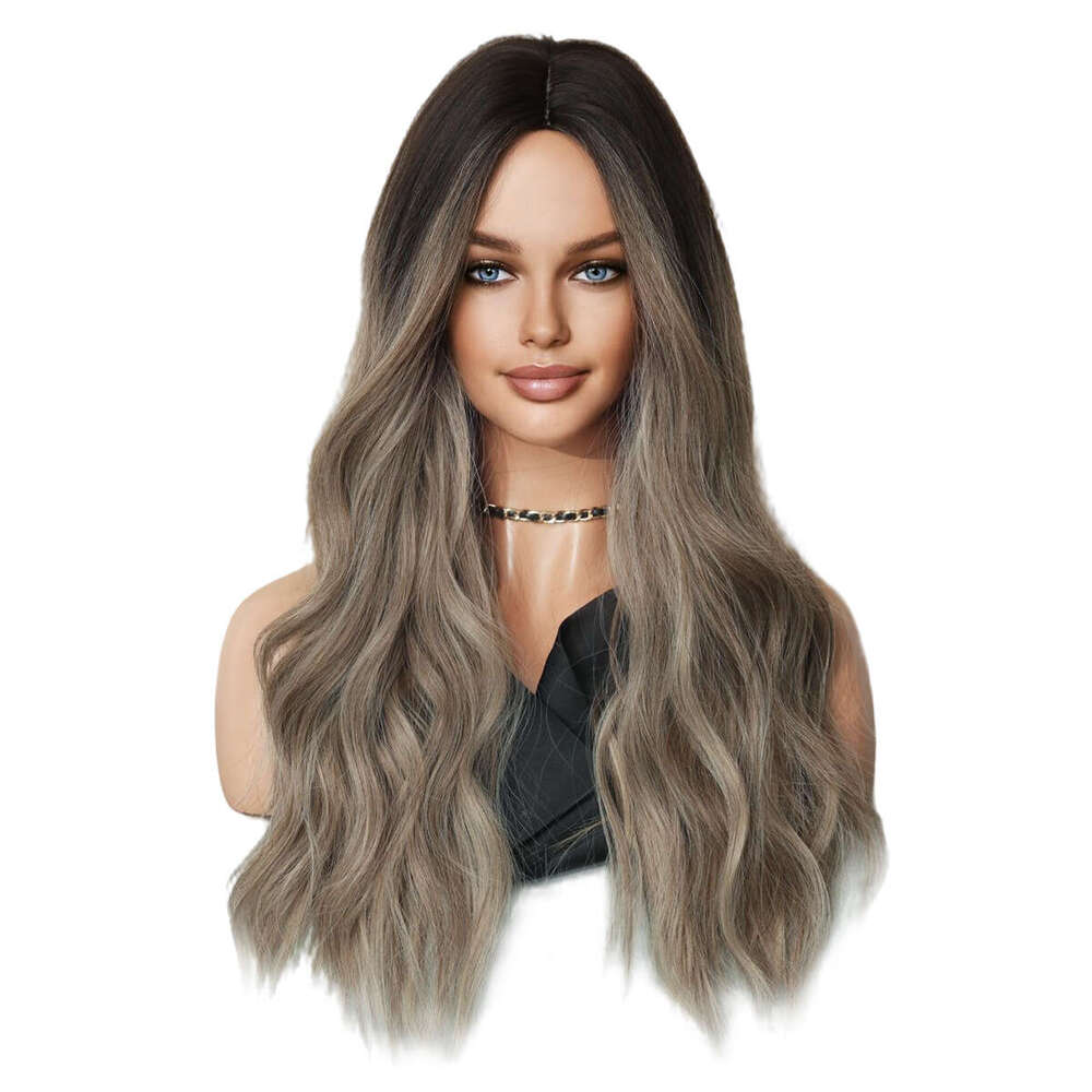 Wig For Women, Long Curly Hair, Wavy Wig, Gray Gold Mixed Color, Dyed Brown Synthetic Full Top Hair Cover Kq9 Kq9