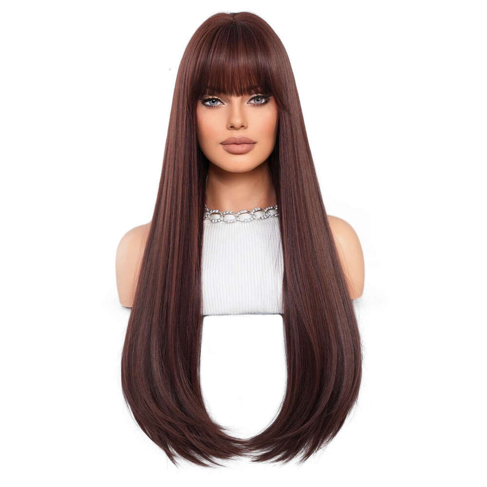 Ladies' Long Straight Hair, Mocha Brown, Neat Bangs, Layered Fashion Wig, Full Head Cover, Wigs Kq9 Kq9