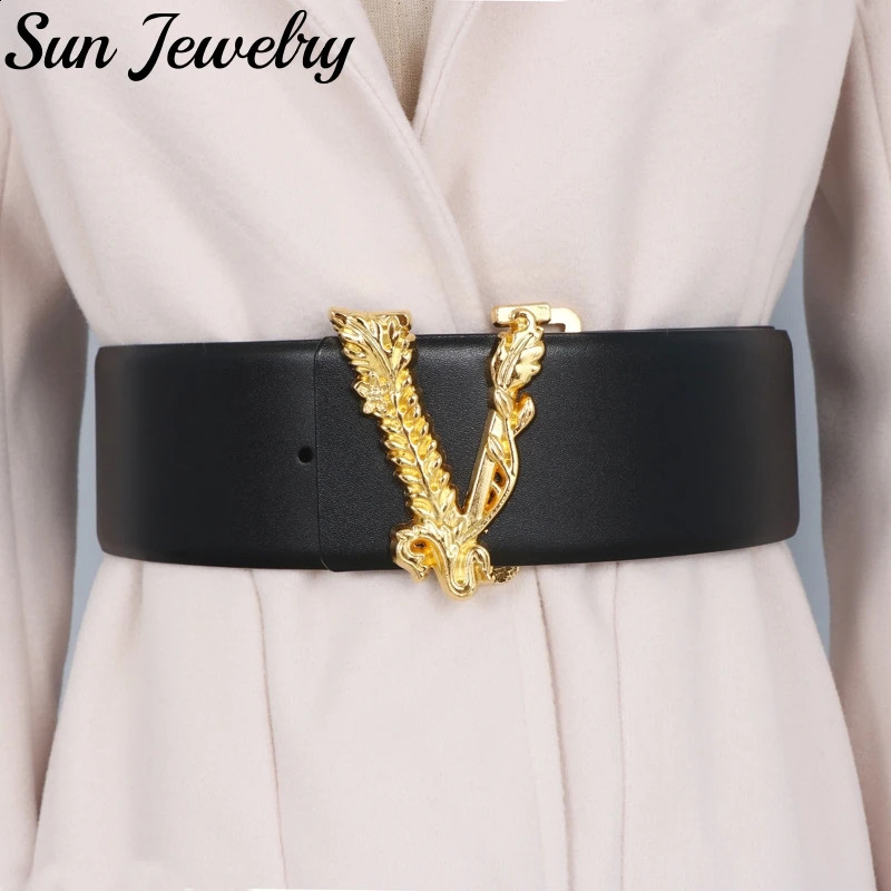 Width 6.5CM Waist Belt Women Metallic Gold Large V-shaped Cowhide Decoration Versatile Fashion Dress Jacket Jeans Belt 241217