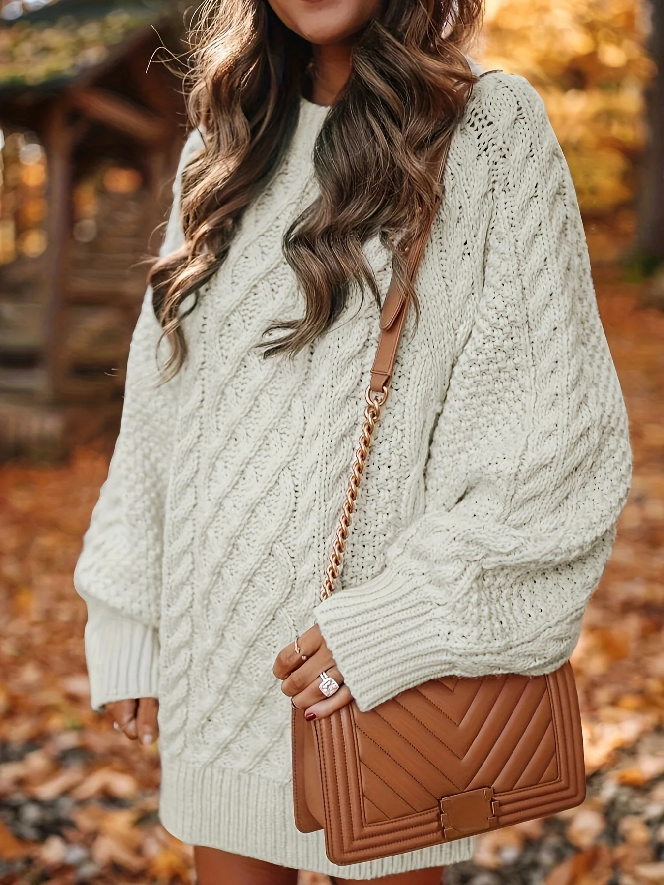 Comfortable womens long sleeved cable knit dress casual solid color crew neckline loose fit suitable for daily wear 241212