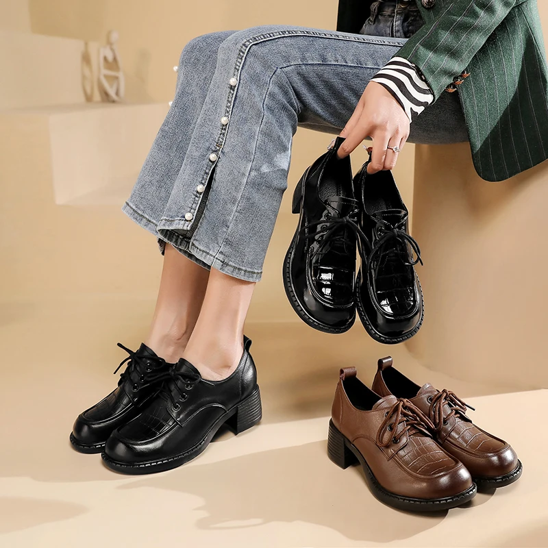 AIYUQI Women Shoes Loafers Genuine Leather Spring Lace-up Mid Heels Shoes Women British Style Large Size Women Shoes