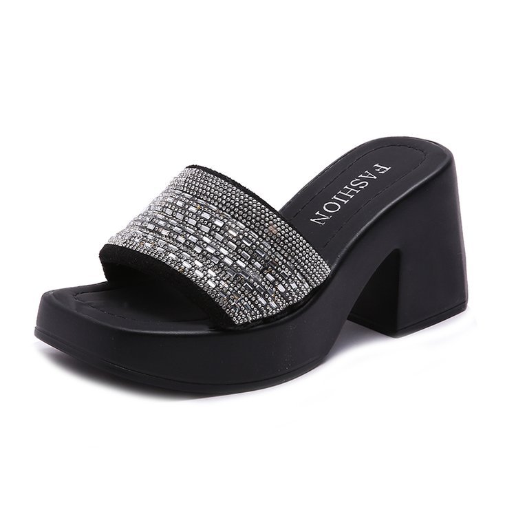 Women Slippers High Heel Sandals New Fashion Korean Version Diamond Gentle Style Increase Height Triple Black Beige Free shipping