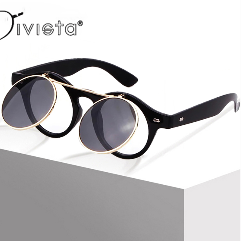 Flip Up Sunglasses Steampunk Round Men Metal Retro Sun Glasses Women Vintage Punk Shades Eyewear UV400 Johnny Depp Brand Design Myopia Prescription Le