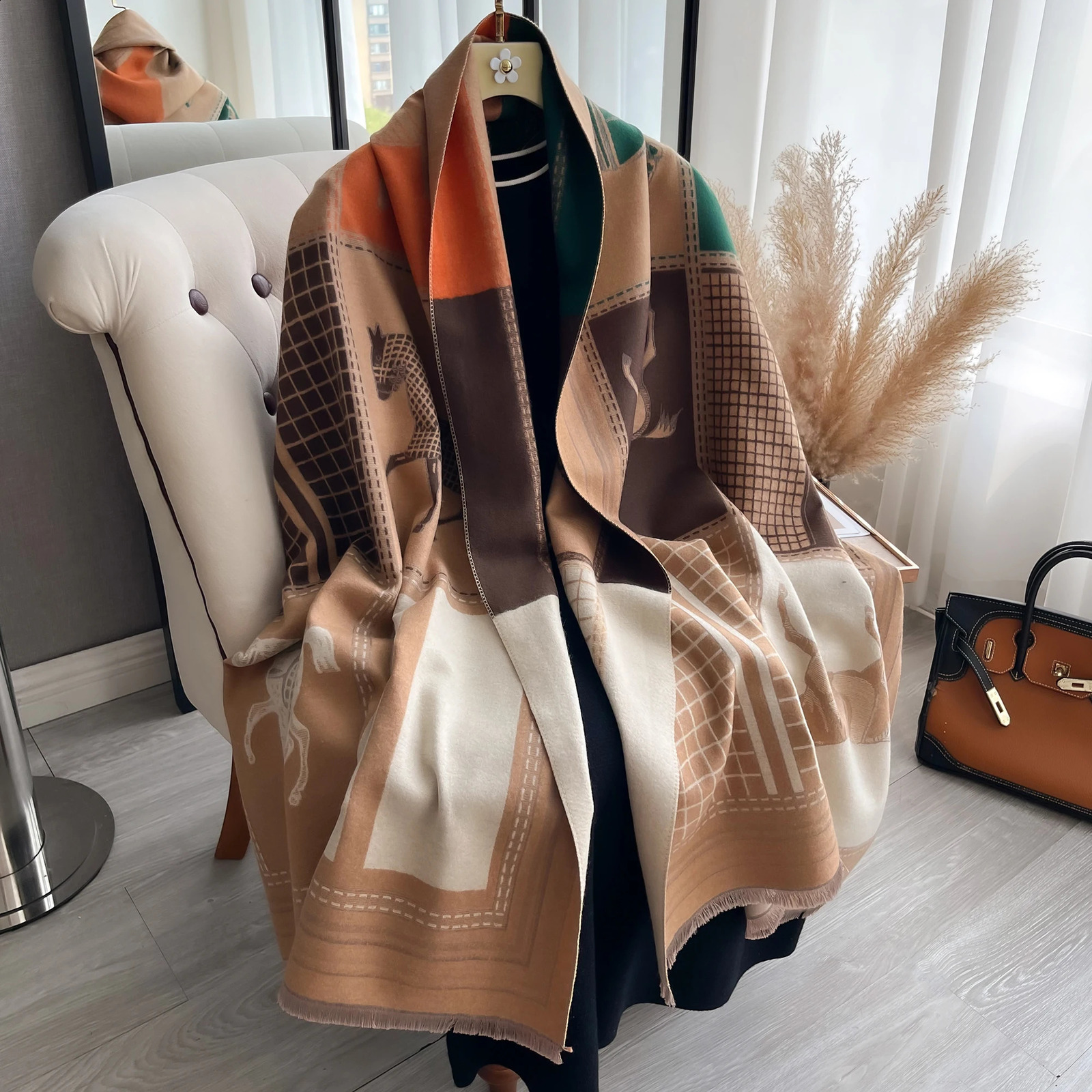 Elegant Ladies Pashmina Autumn Winter Thick Warmth Double Sided Tassel Shawl Coldproof Windproof Blanket Scarf 241122