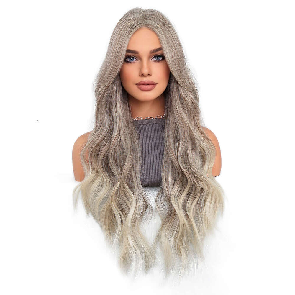 Little T Lace Wig Lace Wig Women's Milk Tea Brown Gradient Big Wave Eight Character Bangs Long Curly Hair Kq9 Kq9