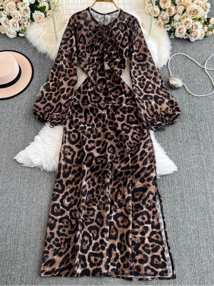 Autumn Elegant Women Leopard Stampa Abito A Maniche Lunghe Abito Casual Sciolto…