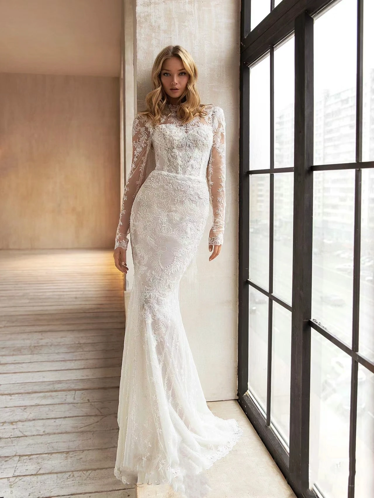 Classic Mermaid Wedding Dresses For Women High Collar Long Sleevess Gown Sequins Appliques Detachable Train Customized Dress
