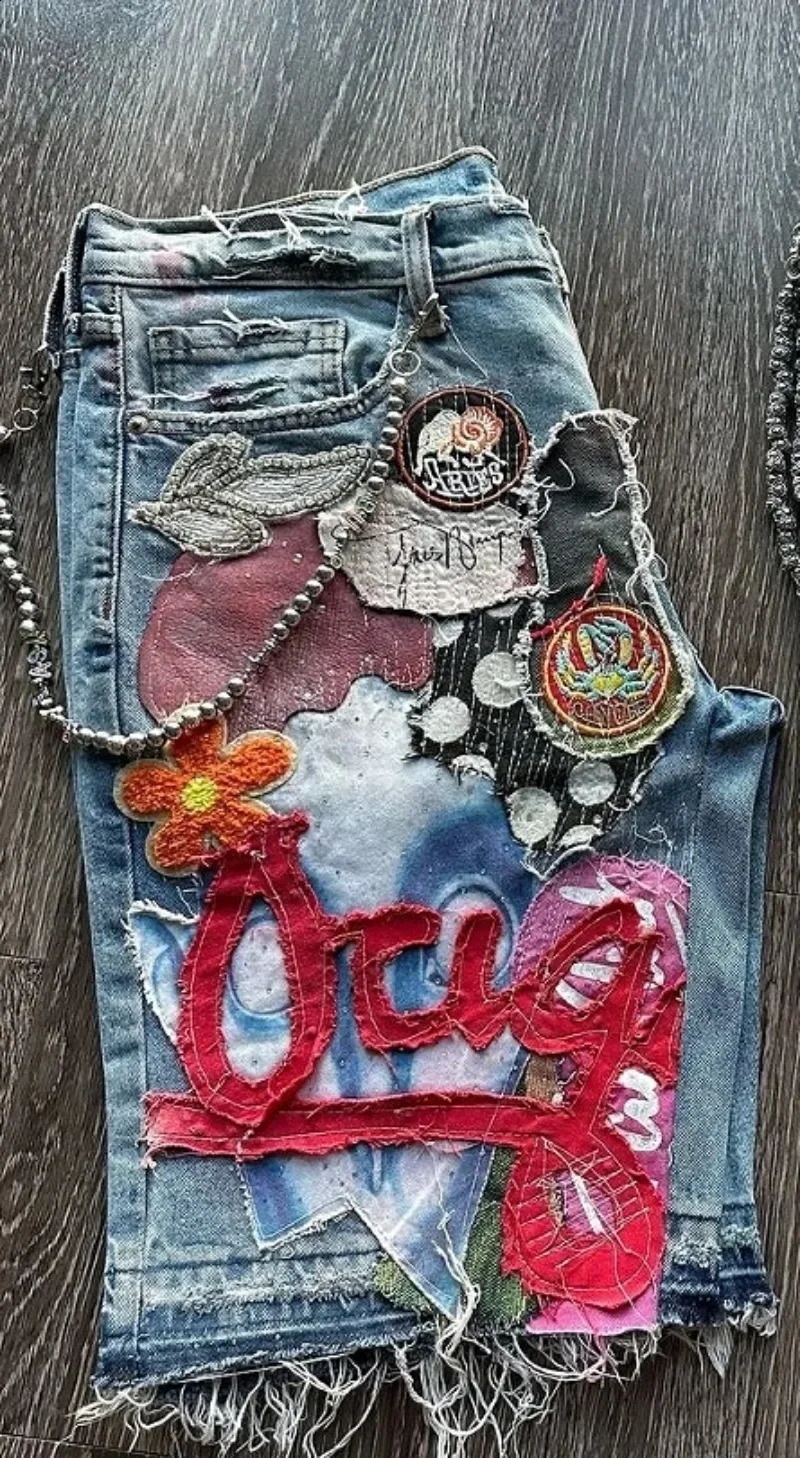 American Retro Goth Skull Denim Shorts Y2K Men and Women Streetwear Hip Hop Loose Harajuku Punk Fashion Street Casual Shorts 241217