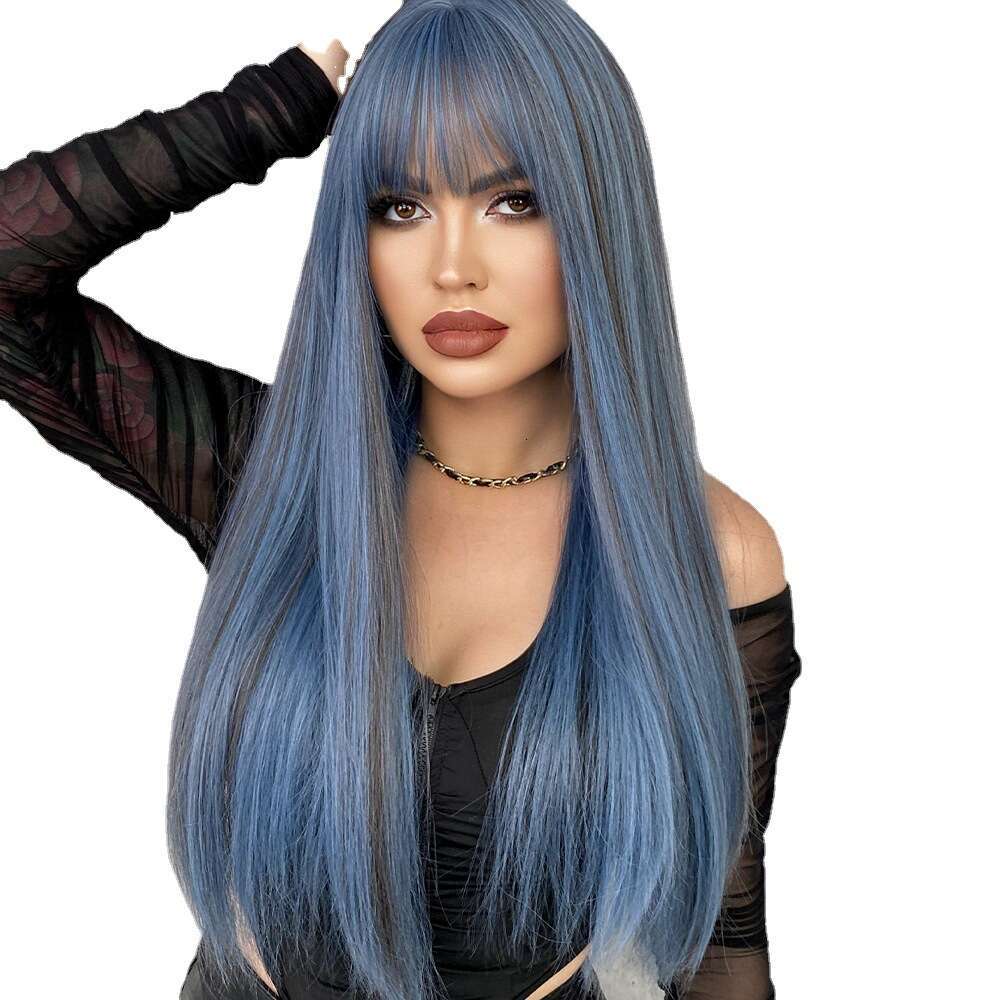 Female Long Straight Hair With Bangs, 61Cm Mermaid Blue Dyed Synthetic Full Head Set, Internet Famous Wig Kq9 Kq9