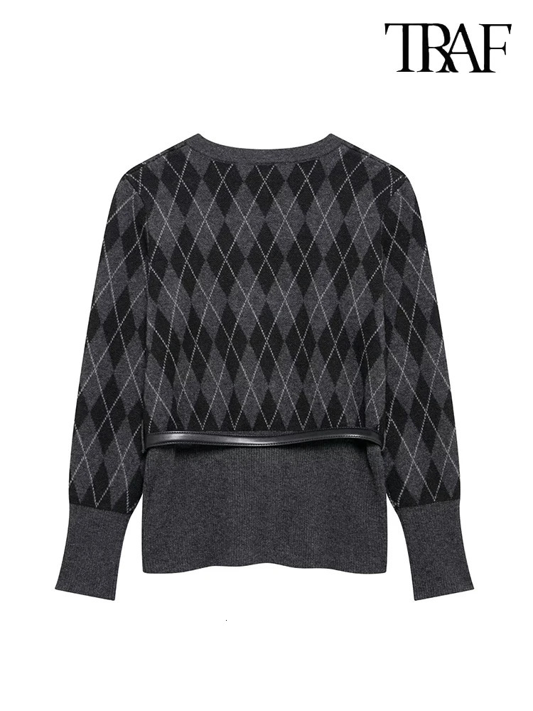 TRAF Womens Fashion Autumn Retro Elegant Two Piece Simple Diamond Pattern Knitted Jacket with Belt and Knitted Slot Skiing 241216