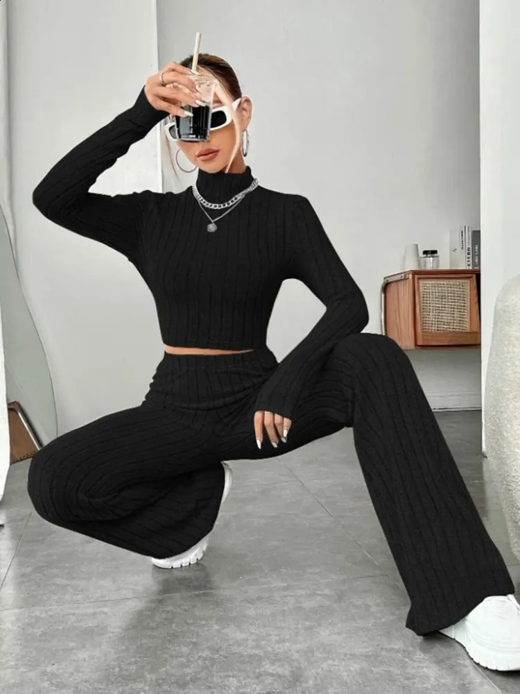 Womens stand collar knitted long sleeved T-shirt and pants two-piece set 241217