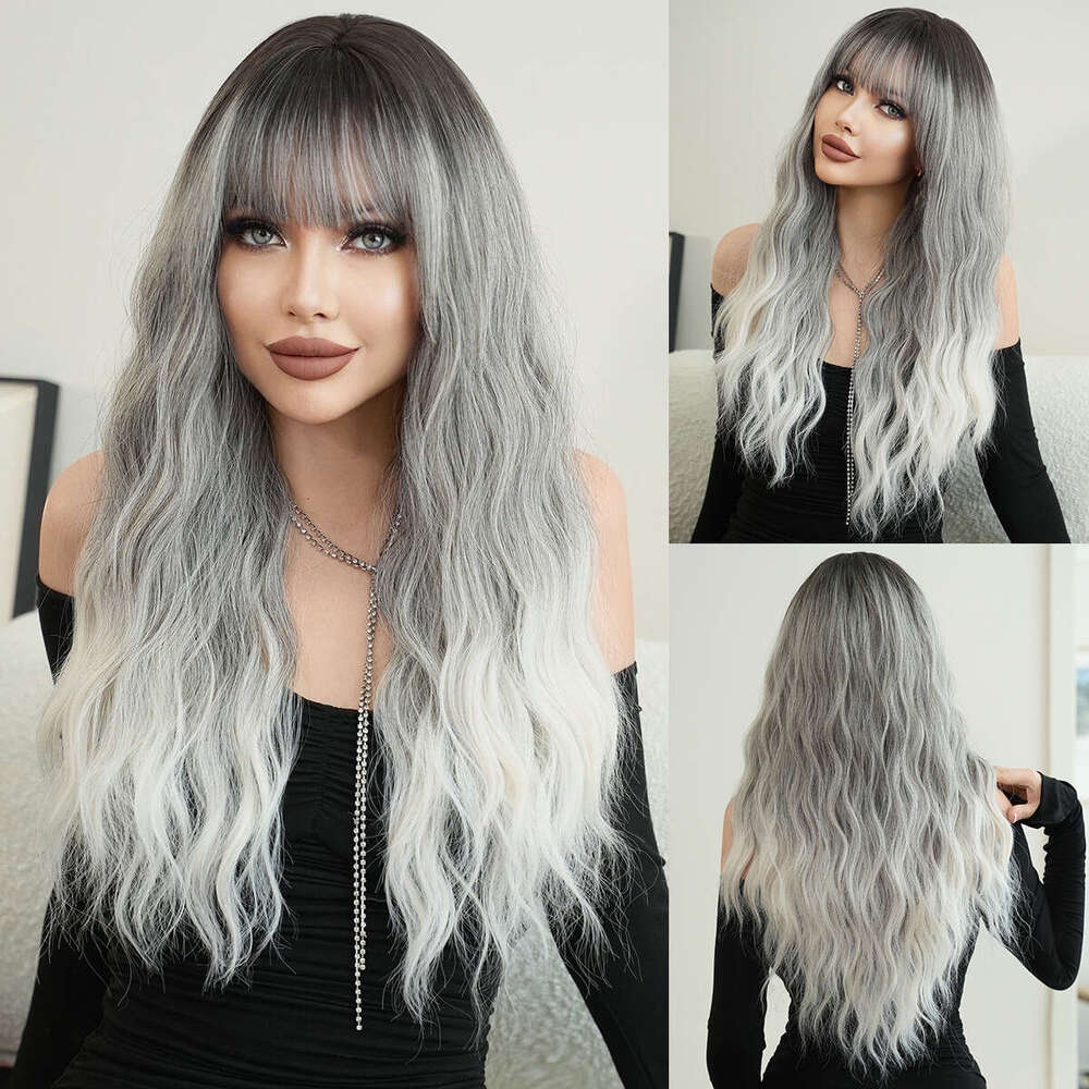 New Women's Wig Gray Gradient Long Curly Hair Big Wave Synthetic Full Head Cover Ombre Grey Wig Kq9 Kq9