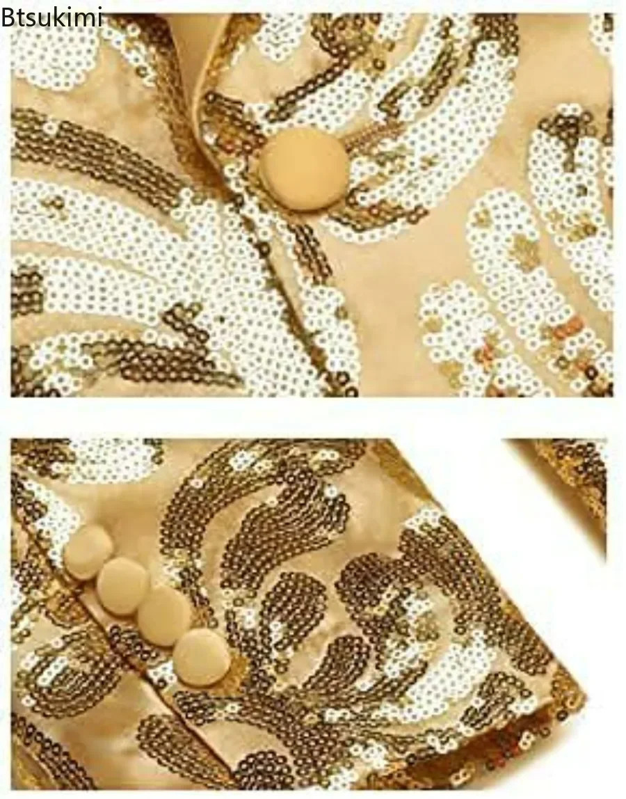 Mens Shiny Gold sequin Sports Jacket Style Shawl Collar One Button Evening Dress Flower Set Party Wedding Groom Dress Mens Style 241216