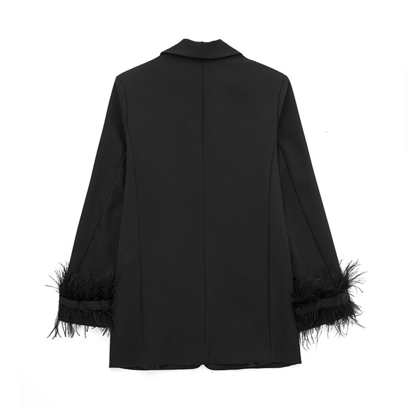 SIYANG Women Fashion Chic Black With Feather Blazer Jacket Elegant Notched Neck Single Button Long Sleeves Female Outfits