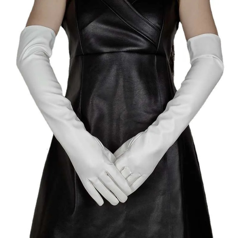 Sexy Leopard Touch Screen Gloves Winter Women PU Black 50cm Long Simulation Leather Thin Full Finger Warm Driving Mittens K52 241216
