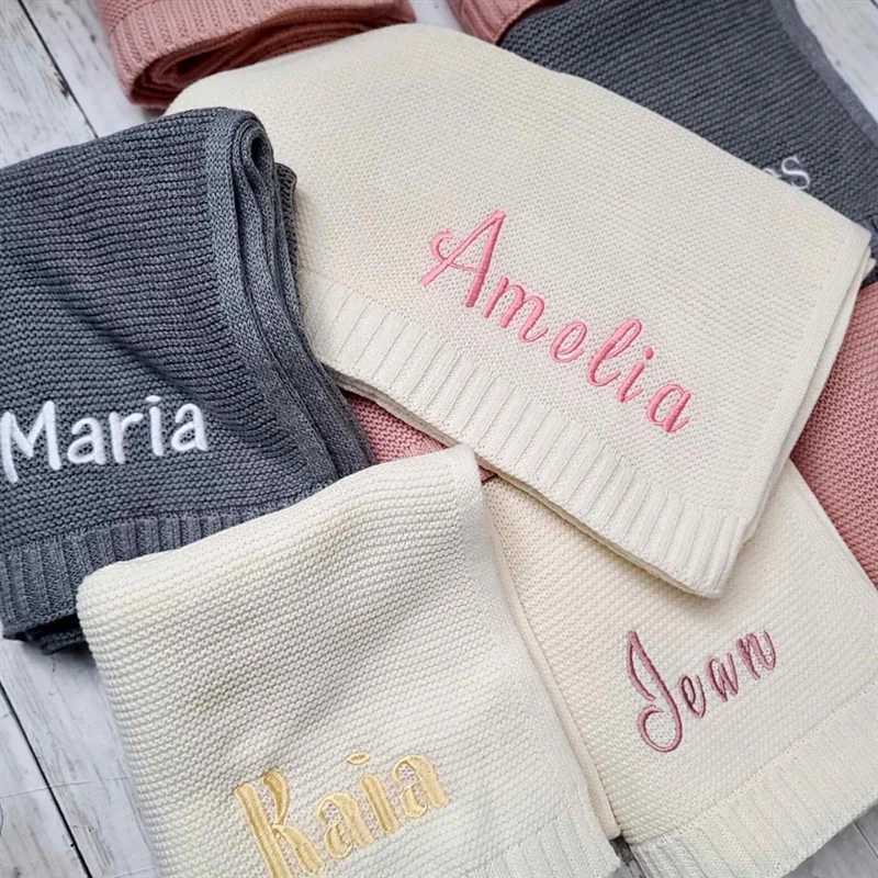 Personalized Kid Name Baby Blanket Embroidered New Born Baby Blanket Stroller Swaddles Breathable Cotton Knitted Blanket BeddingC241216