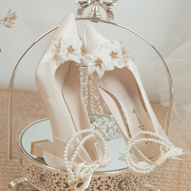 Elegant Wers High Heels Pumps Women 2024 New Pearl Ankle Strap Wedding Woman String Bead Small Square Heel Bridal Shoes