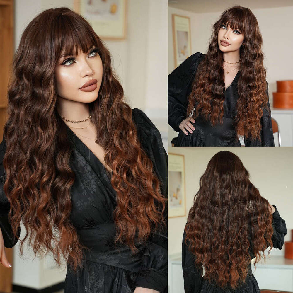 Female Water Curled Long Hair Wave Wig Full Headset High Temperature Silk Fiber Brown Wigs Kq9 Kq9