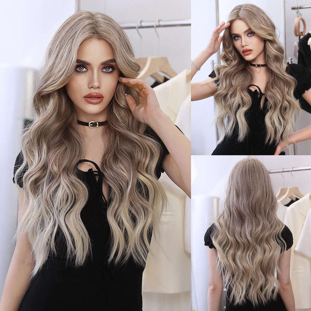 Little T Lace Wig Lace Wig Women's Milk Tea Brown Gradient Big Wave Eight Character Bangs Long Curly Hair Kq9 Kq9