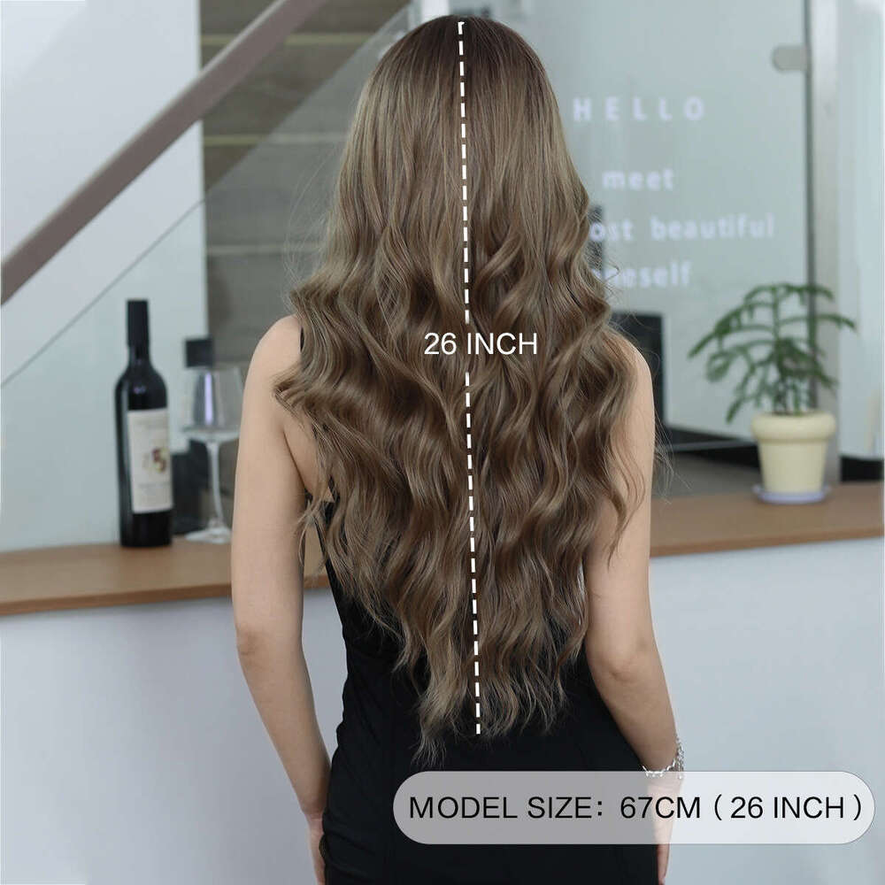 Bronze Gold Wig For Women, Fashionable Long Curly Hair With Eight Character Bangs, Big Waves, Synthetic Full Head Set, Wavy Wig Kq9 Kq9