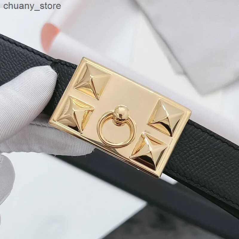 Belts Womens 2.4 plain weave cowhide smooth buckle belt fashion pyramid waist decoration leather dual-purpose pure belt L240910