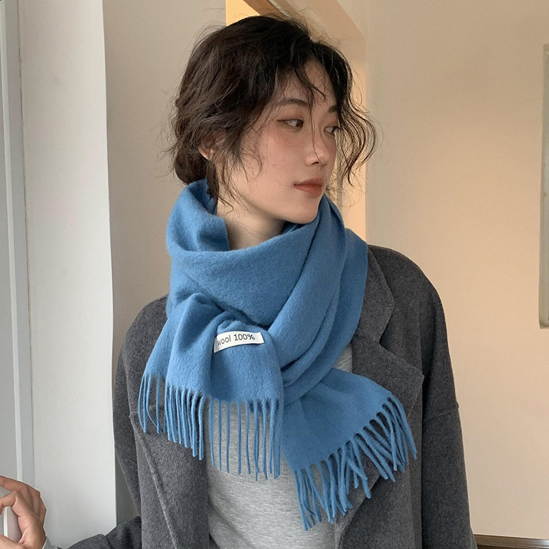 Solid color 100% wool scarf with tassel womens winter warm neck scarf shawl womens cashmere scarf 241007