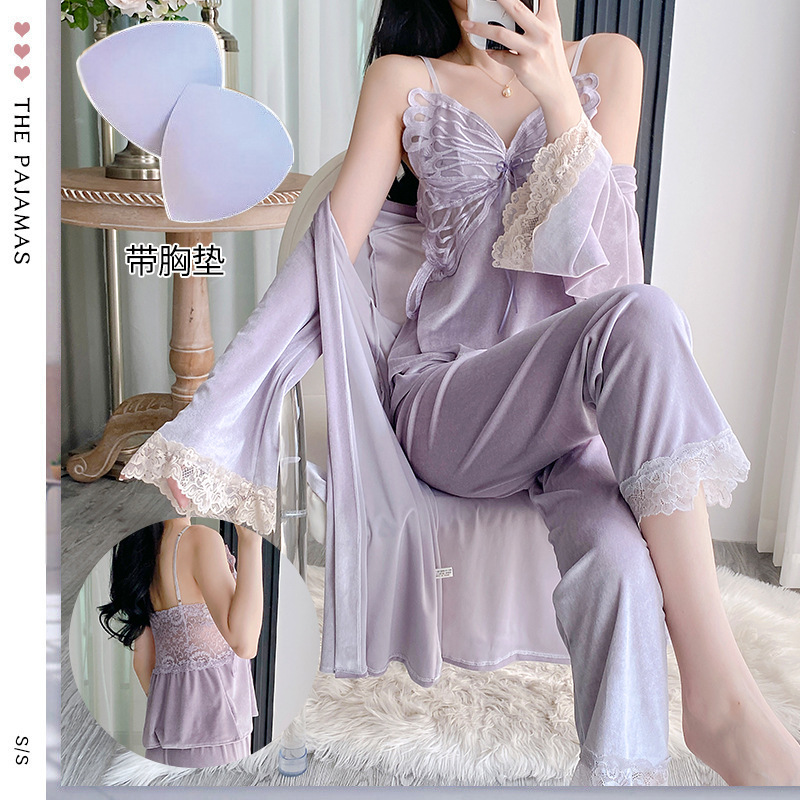 B582-Comfortable home clothes butterfly gold velvet pajamas female sexy with chest pad gold velvet sling nightdress robe three-piece set