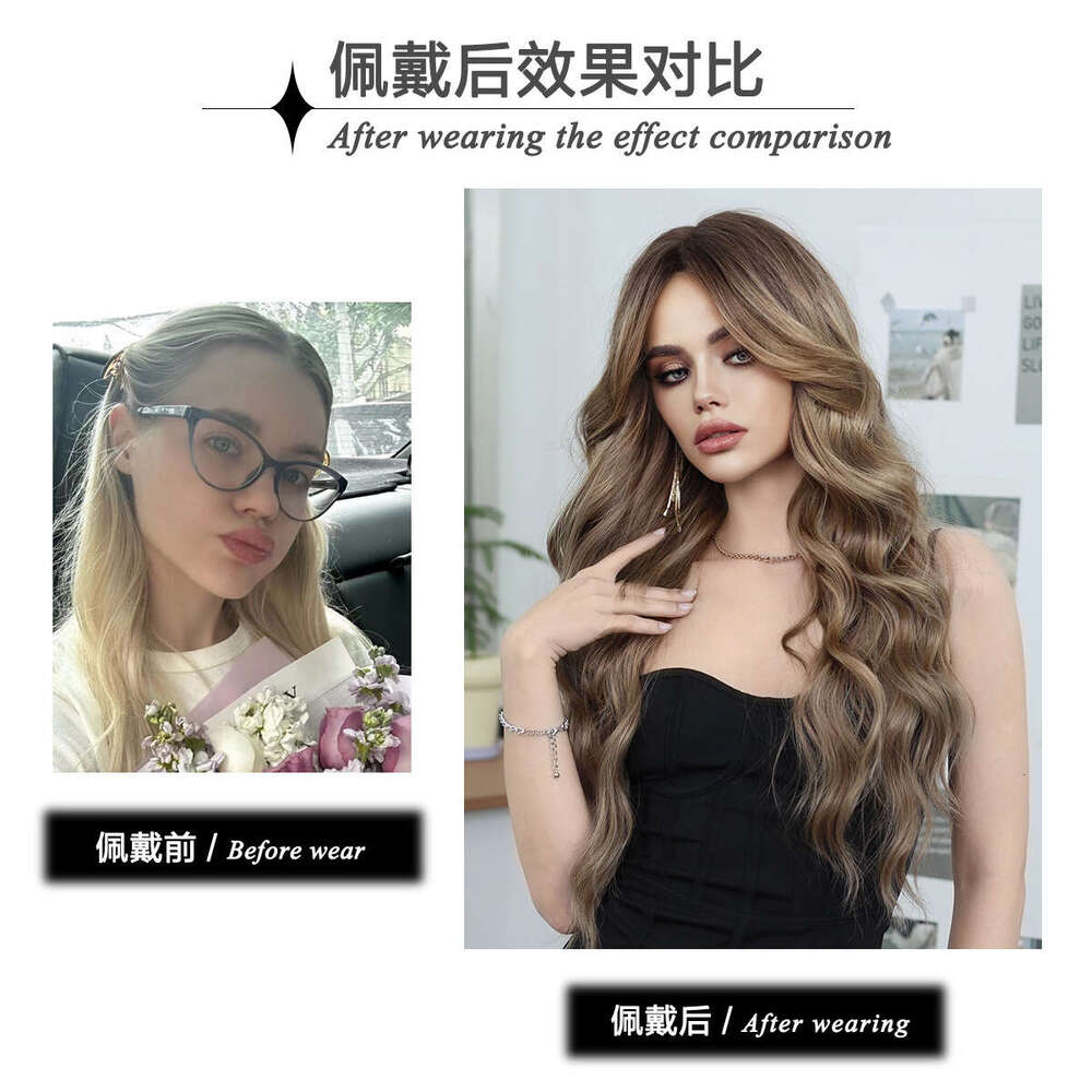 Bronze Gold Wig For Women, Fashionable Long Curly Hair With Eight Character Bangs, Big Waves, Synthetic Full Head Set, Wavy Wig Kq9 Kq9