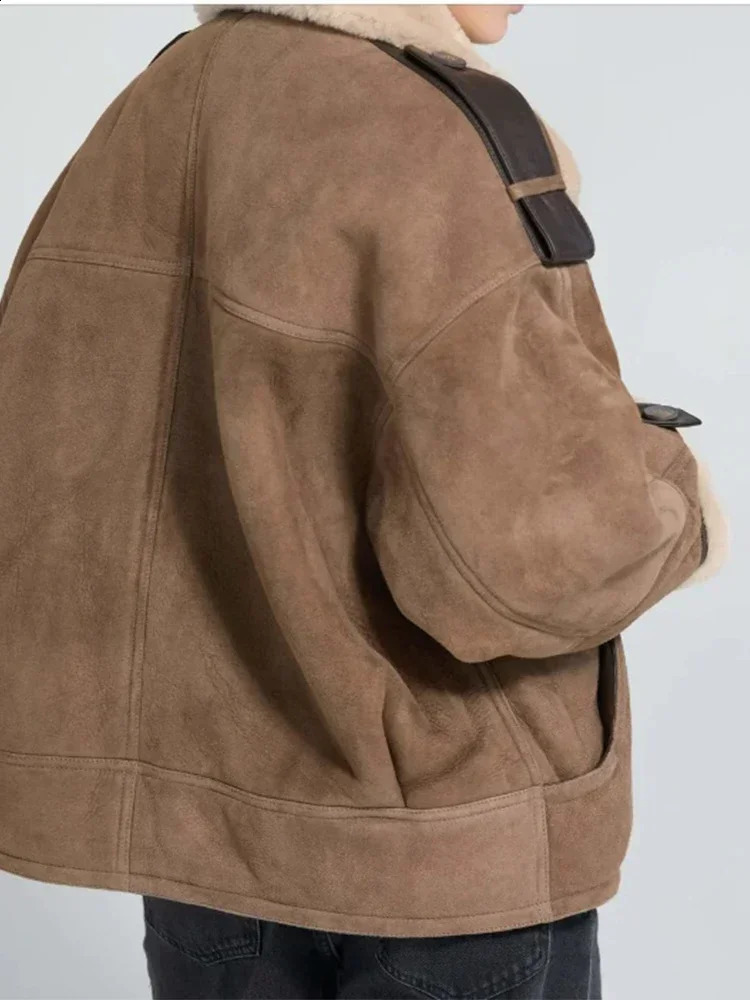 Autumn Winter Warm Lapel Long Sleeve Lamb Wool Jacket Women Single Breasted Pockets Sheepskin Coat Lady High Street Outwear 241217