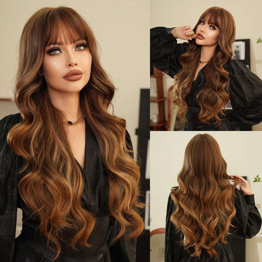 Wig New Gold Spot Dyed Long Curly Hair With Big Wave Bands And Liu Hai Chemical Fiber Head Cover Wavy Wigs Kq9 Kq9
