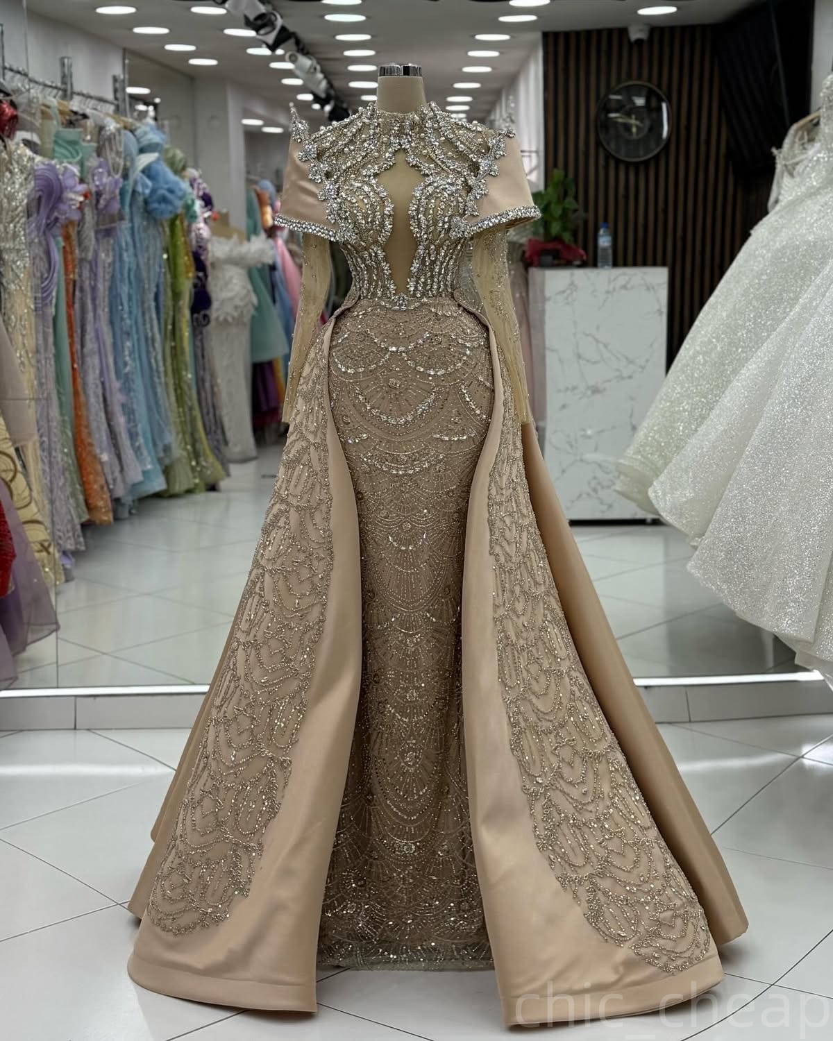 Champagne Illusion Mermaid Prom Dresses 2025 Rhies Sequined Evening Formal Party Second Birthday Engagement Gowns Plus Size Dress For Special Ocns