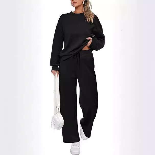 European American Knitted Women's Two-Piece Long Sleeved Top And Casual Wide Leg Pocket Pants Set