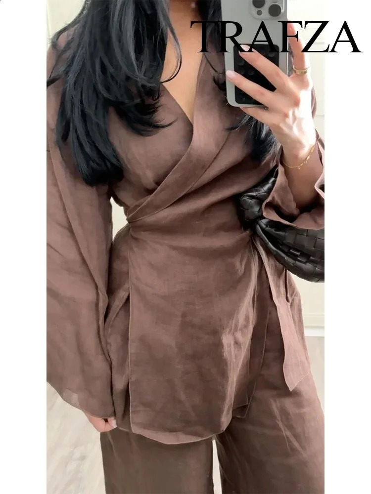 TRAFZA Womens Summer Fashion Linen Solid Color Shirt Set with Waist Belt and Open Skirt Kimono Top2 High Waist Womens Folded Pants 241217