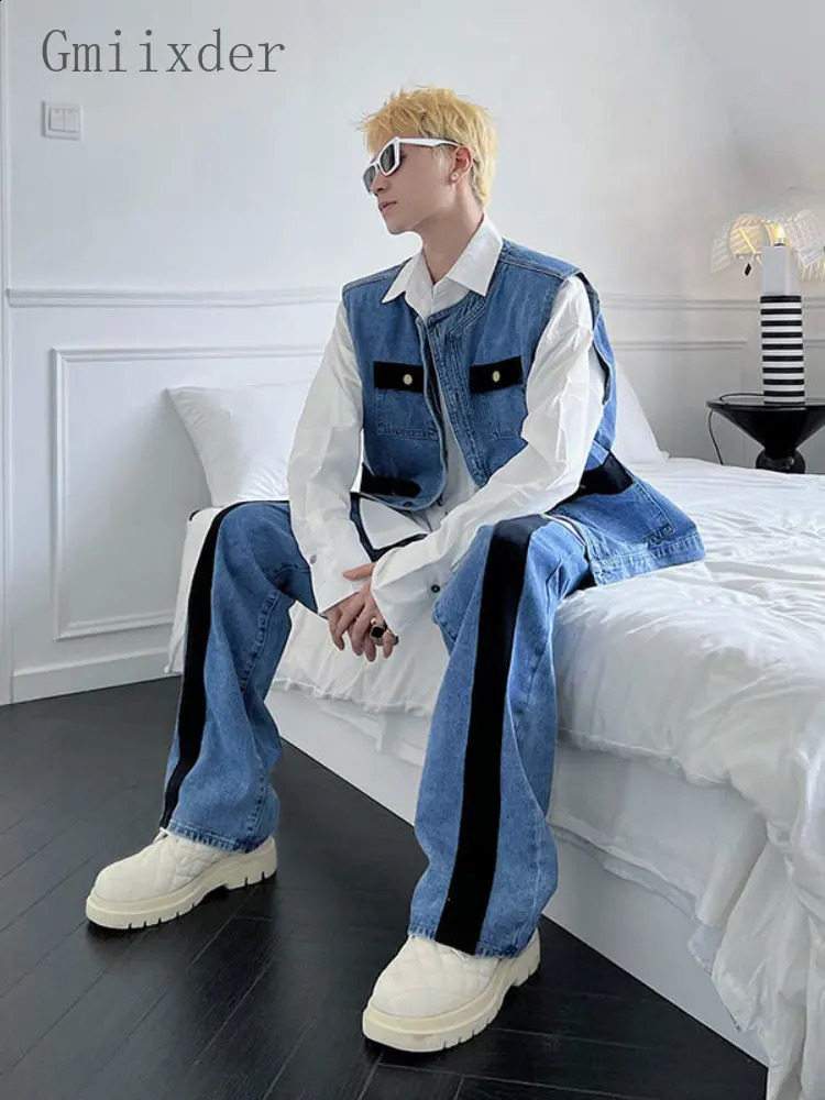 Gmiixder Jeans 2pcs Suit Men Trend Korean Handsome Casual Denim Vest Jacket High Street Jeans Two-piece SuitSingle Streetwear 241217