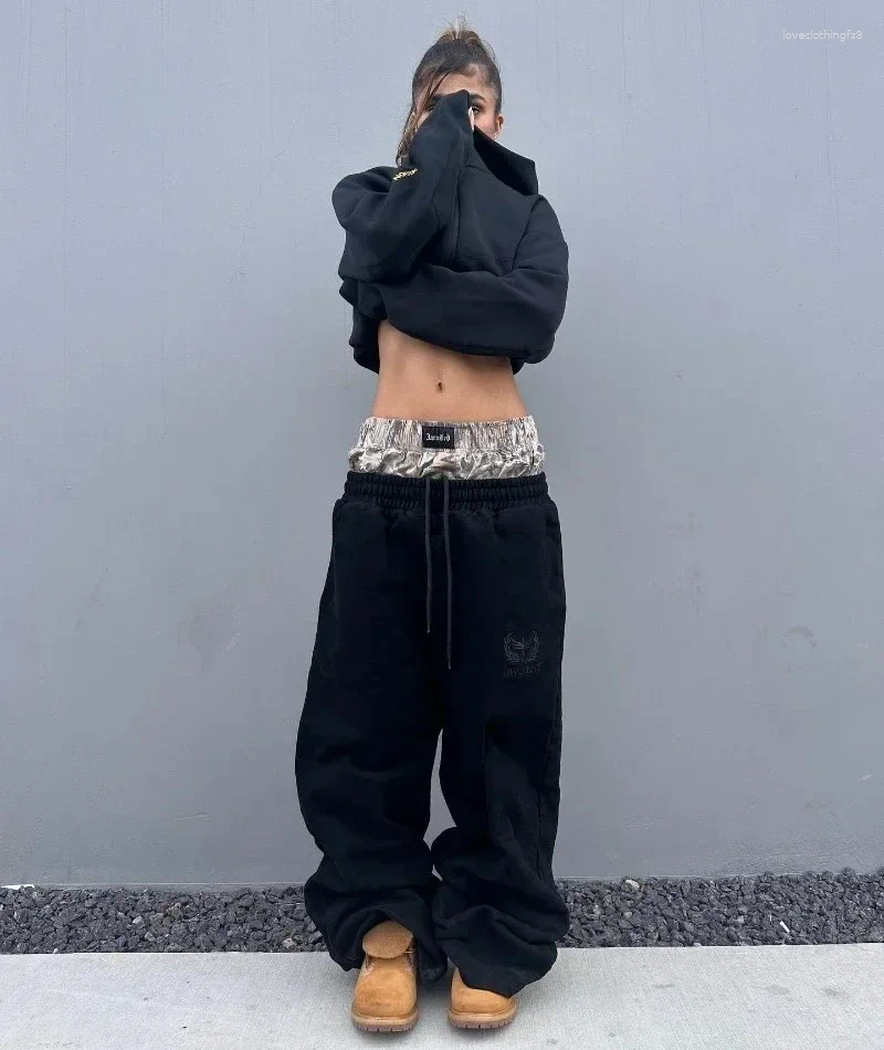 Men's Pants Y2k Vintage Haruku Double Embroidered Waist Sweatpants Men Wome Hip Hop Casual High Waisted Wide Leg Streetwear