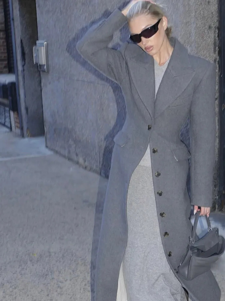 Fashion Burgundy collar high waisted long wool jacket elegant solid color full sleeved womens 241213Z