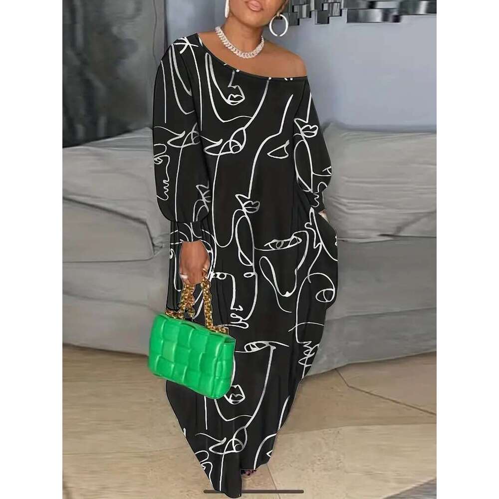 Abstract Painting Patterns For European American Beauty Autumn And Winter Clothing, 3D Digital Printing, Slng Collar Trendy Dress