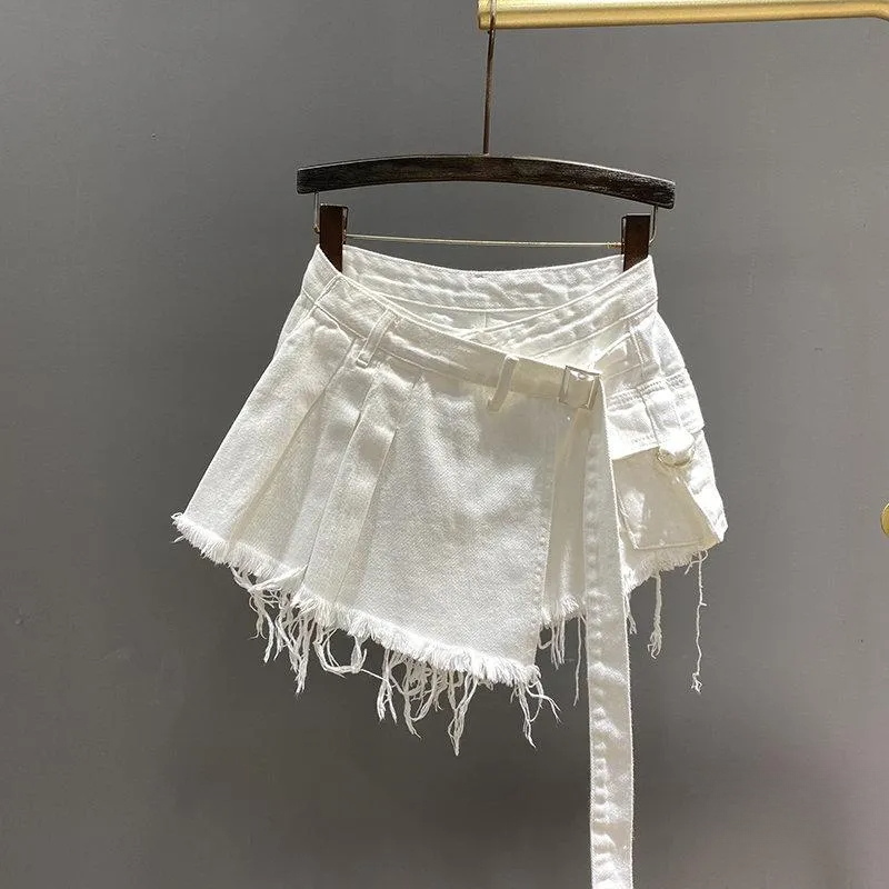 Irregular Pink Denim Skirt Women's Summer High Waist Slimming False Two-Piece A- Line Short Mini Skirt