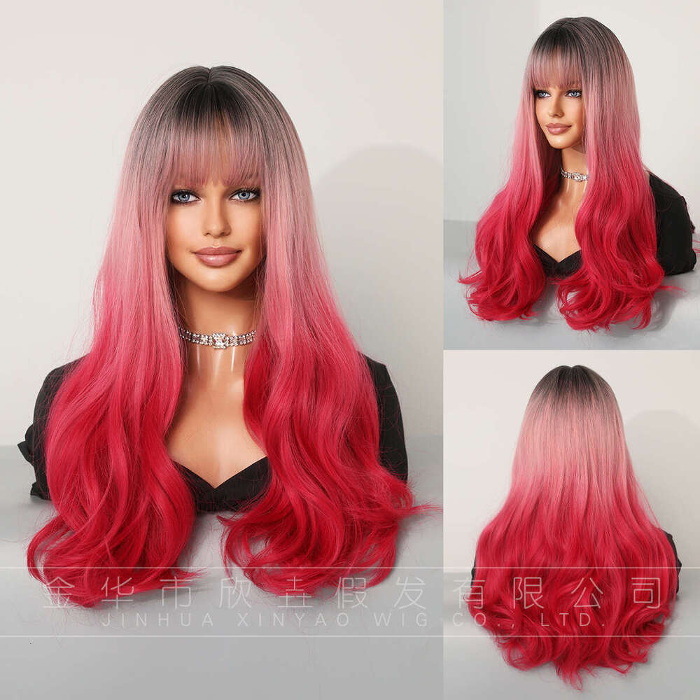 Wig, Pink Curly Hair Wig, Natural Full Head Cover, Human Fishmeal Bangs, Long Hair, Fashionable Wig Cover Kq9 Kq9